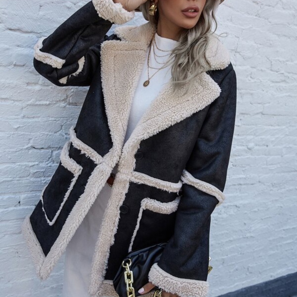 Cozy Black Teddy Oversized Jacket Coat Minimalist Pockets Luxe Glam - Picture 4 of 4